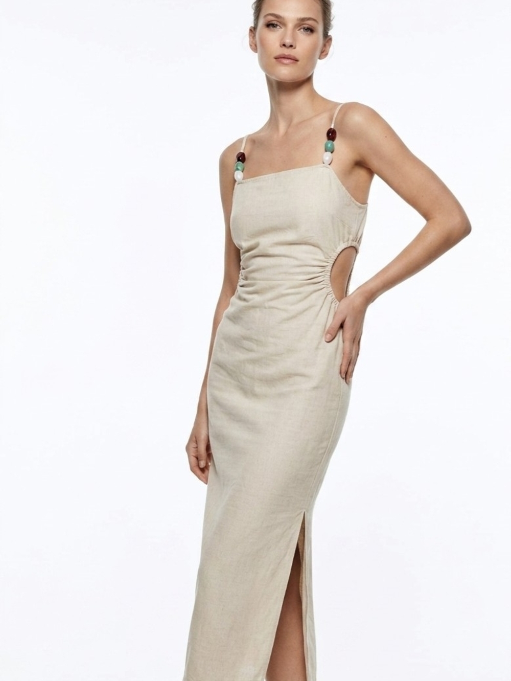 ​Zara Linen Blend Midi Dress with Beaded Straps & Side Cutouts Size:M